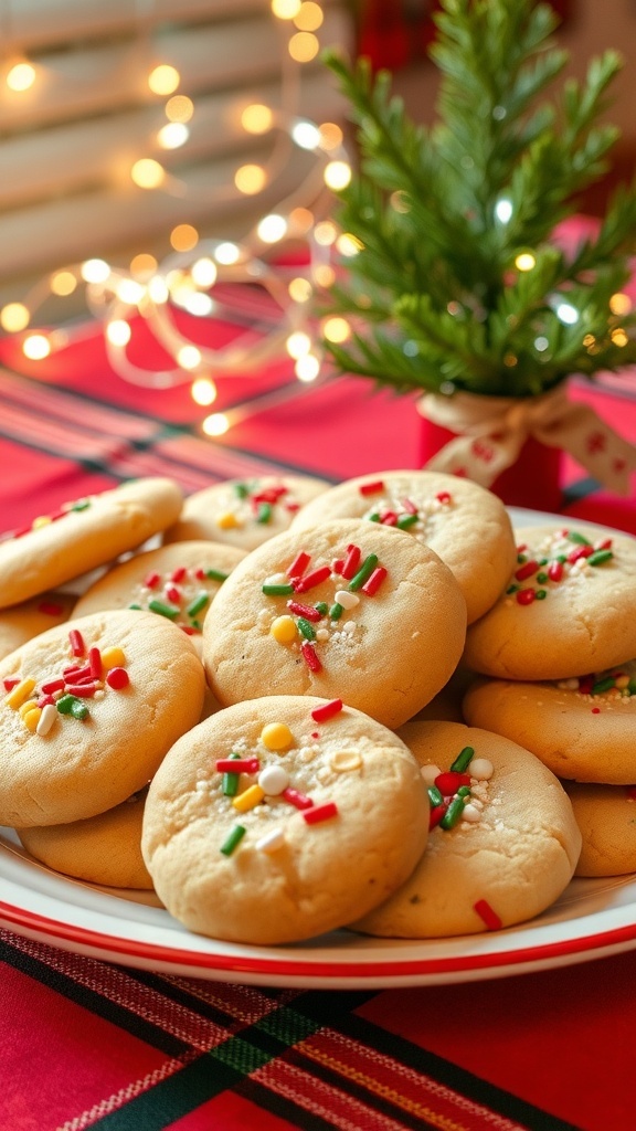 Simple 4-Ingredient Christmas Cookies Recipe A festive plate of 4-ingredient Christmas cookies with colorful sprinkles on a holiday-themed table.